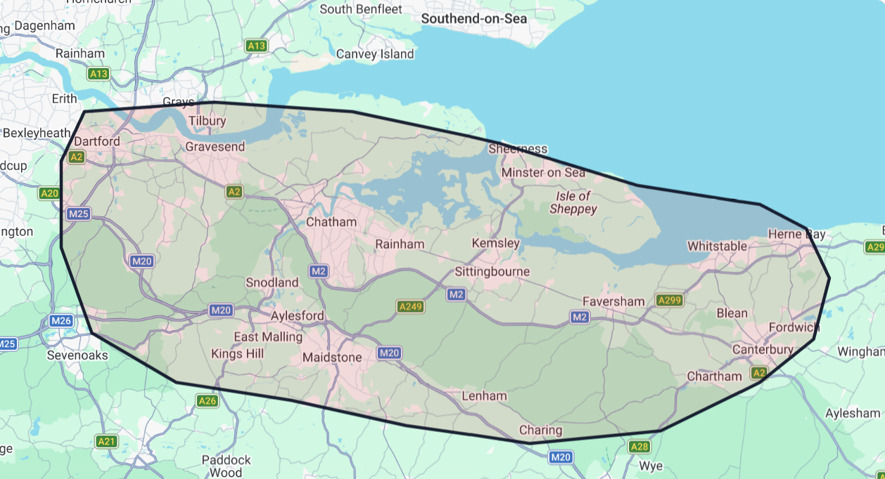 Map showing Assiduous Heating's service area across Kent and Medway