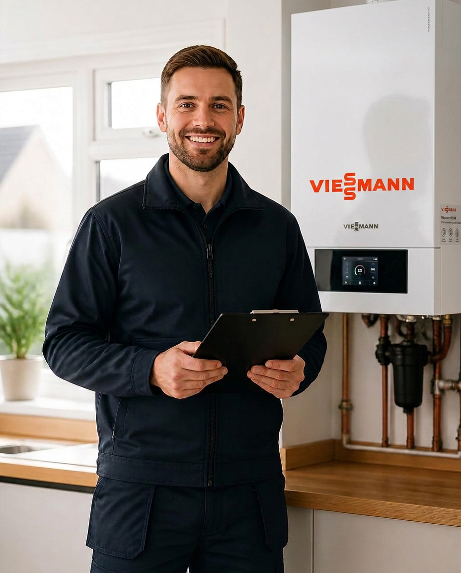Assiduous Heating Gas Safe engineer next to a boiler in a customer's home