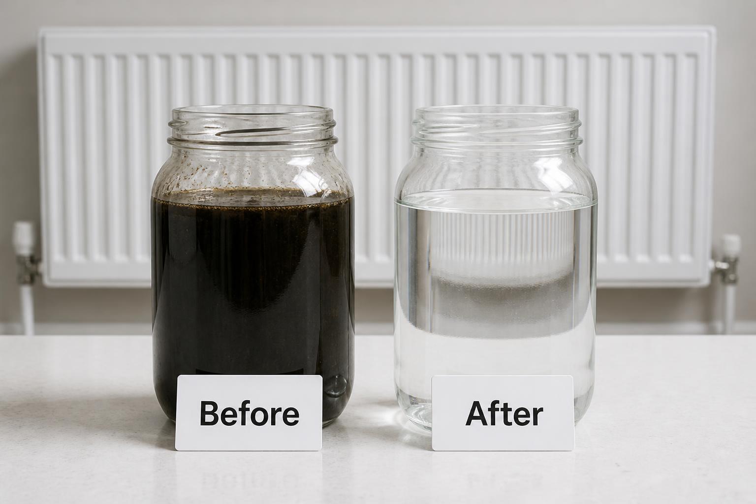 Before and after radiator system water treatment comparison