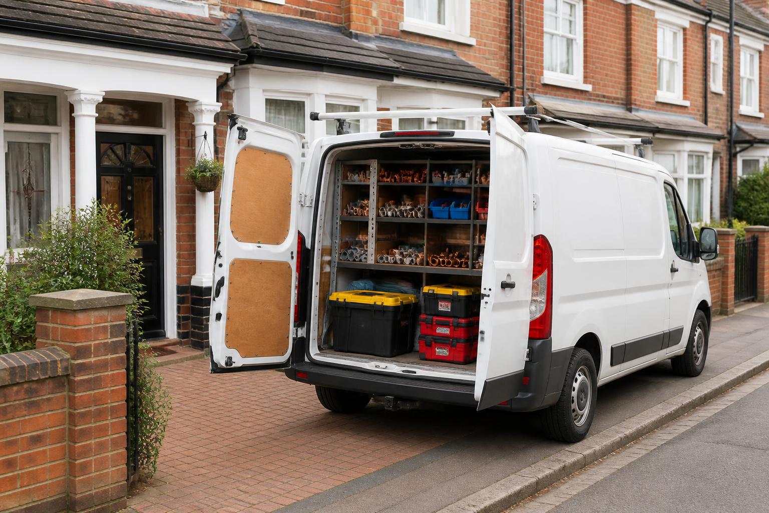 Assiduous Heating engineer arriving for a home visit with van and tablet